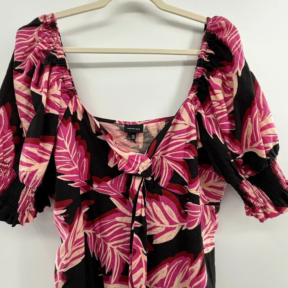 Who What Wear Pink Leaf Print Puff Sleeve Dress XL‎ Square Neck Tie Front